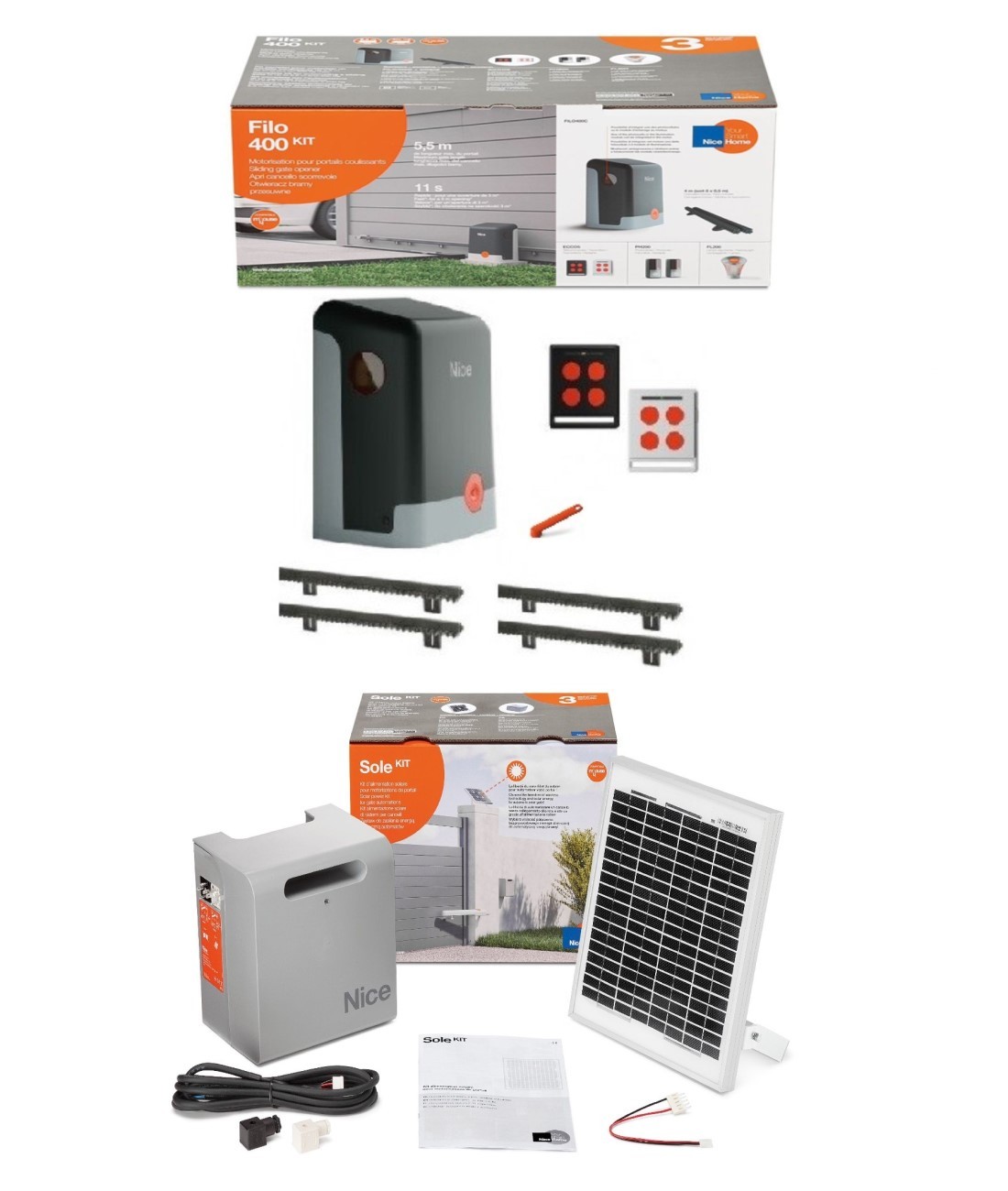 Motorisation Portail Coulissant Solaire Sans Fil Nice Home FILO 400 StarKit Motorisation de portail coulissant avec pack solaire - Mhouse pieces détachees / EFH